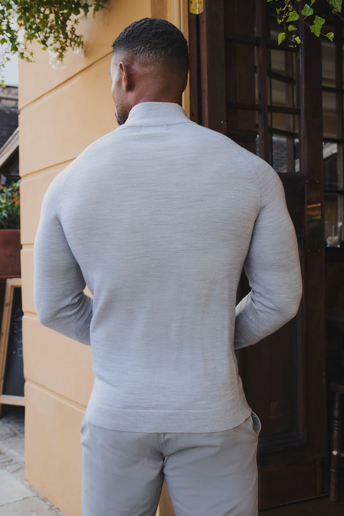 Extra Fine Merino Wool Half Zip Neck Sweater in Silver Grey Marl