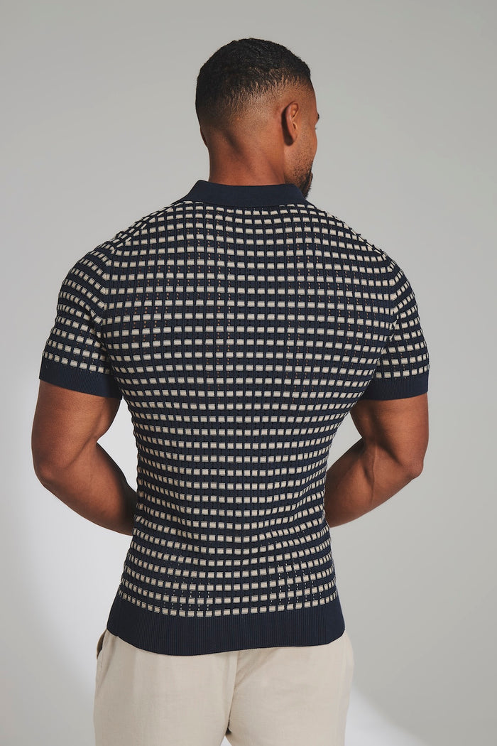 Two Tone Crochet Knitted Shirt in Navy and Stone