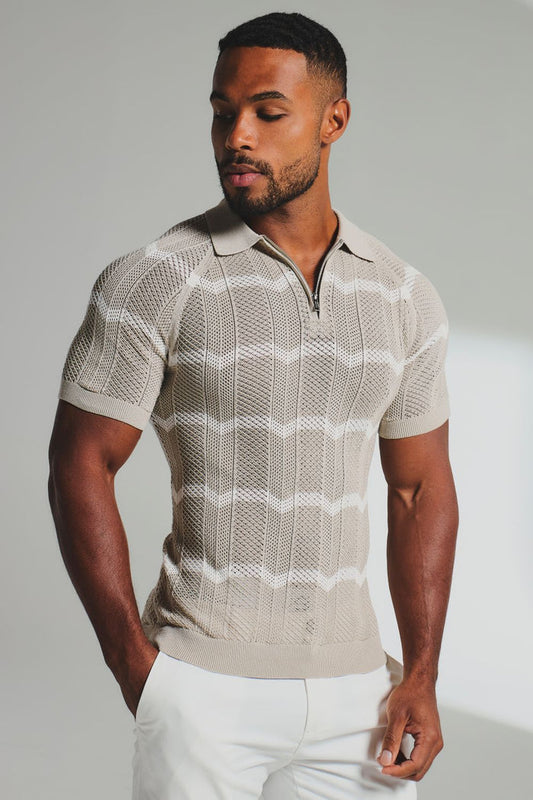 Chevron Textured Knitted Zip Neck Polo Shirt in Stone and Chalk - TAILORED ATHLETE - USA