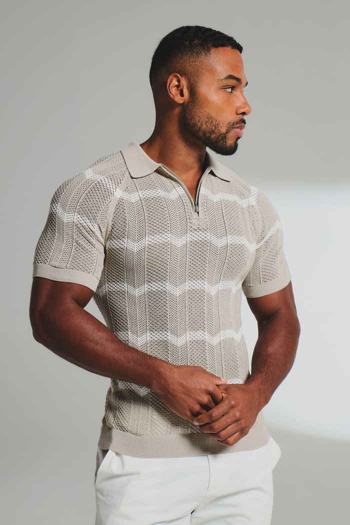 Chevron Textured Knitted Zip Neck Polo Shirt in Stone and Chalk - TAILORED ATHLETE - USA