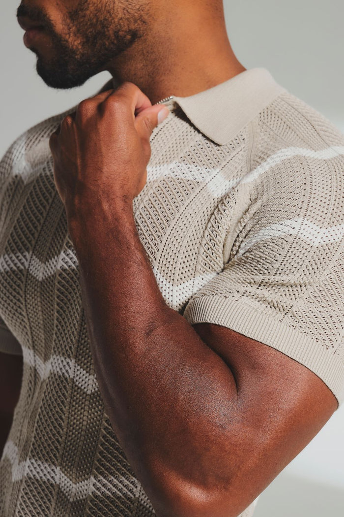 Chevron Textured Knitted Zip Neck Polo Shirt in Stone and Chalk - TAILORED ATHLETE - USA
