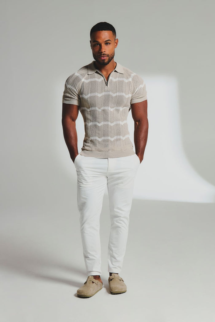 Chevron Textured Knitted Zip Neck Polo Shirt in Stone and Chalk - TAILORED ATHLETE - USA