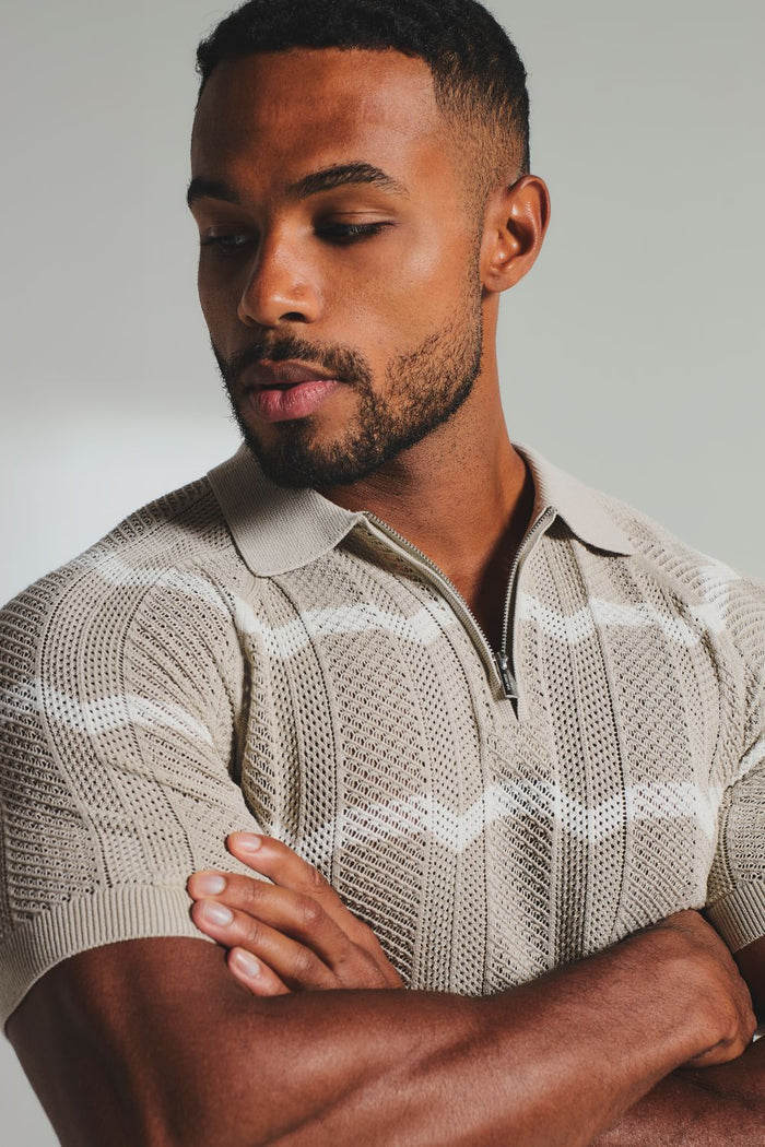 Chevron Textured Knitted Zip Neck Polo Shirt in Stone and Chalk - TAILORED ATHLETE - USA