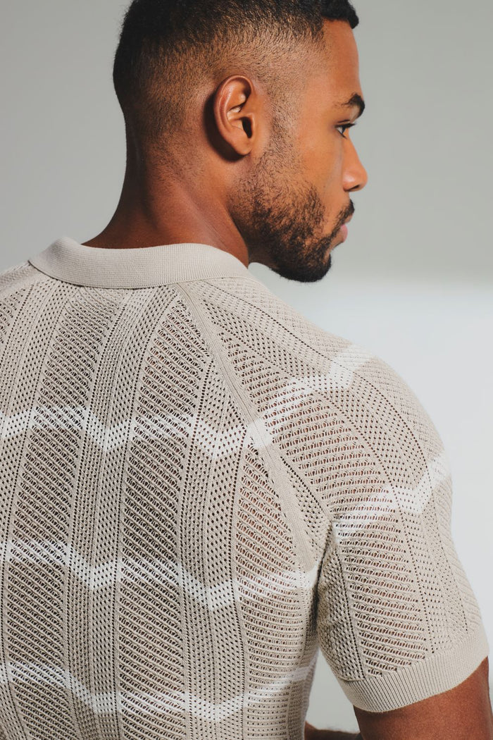 Chevron Textured Knitted Zip Neck Polo Shirt in Stone and Chalk - TAILORED ATHLETE - USA