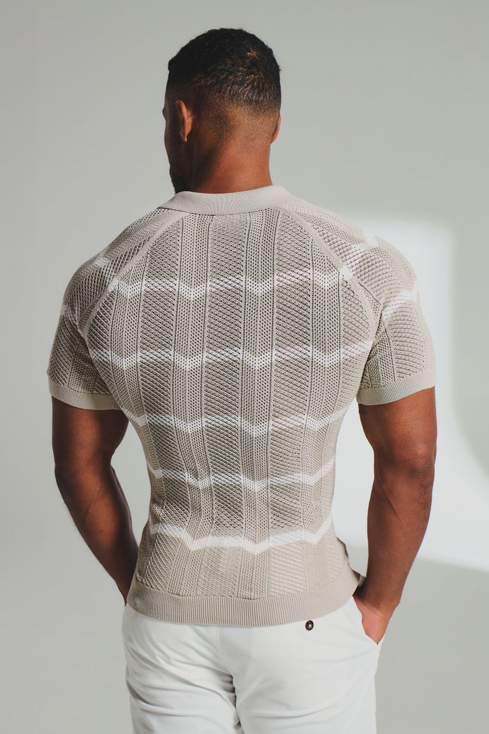 Chevron Textured Knitted Zip Neck Polo Shirt in Stone and Chalk - TAILORED ATHLETE - USA