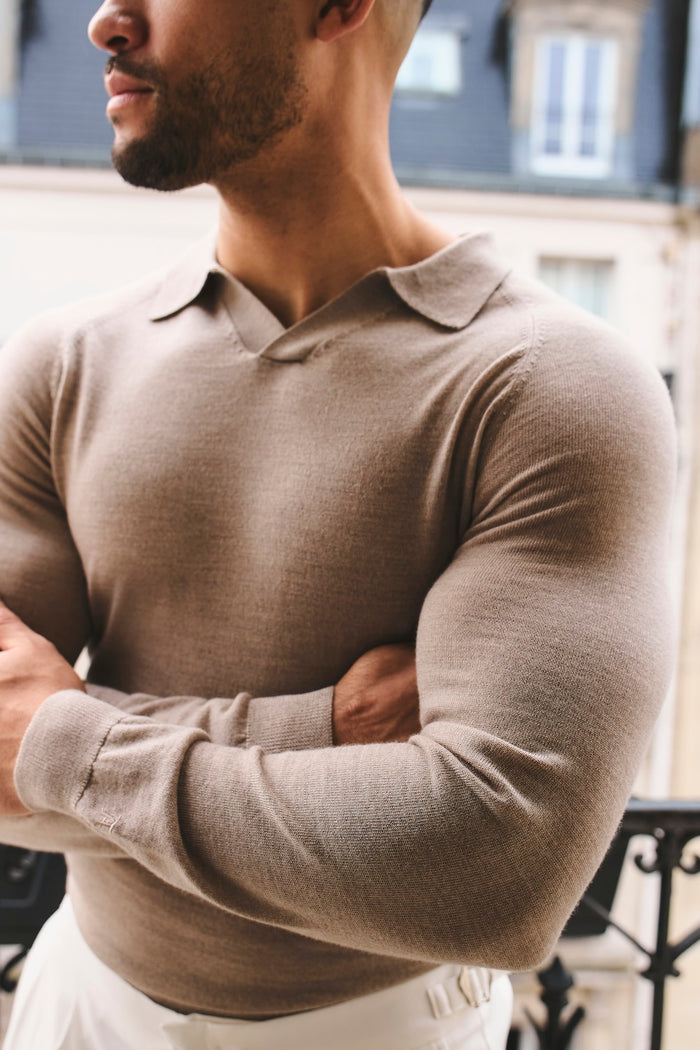 Extra Fine Merino Wool Open Collar Polo Shirt in Wheat Marl - TAILORED ATHLETE - USA