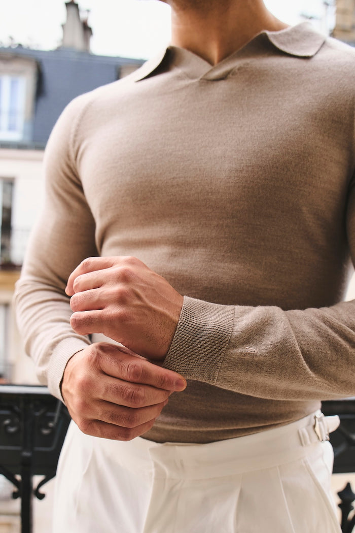 Extra Fine Merino Wool Open Collar Polo Shirt in Wheat Marl - TAILORED ATHLETE - USA