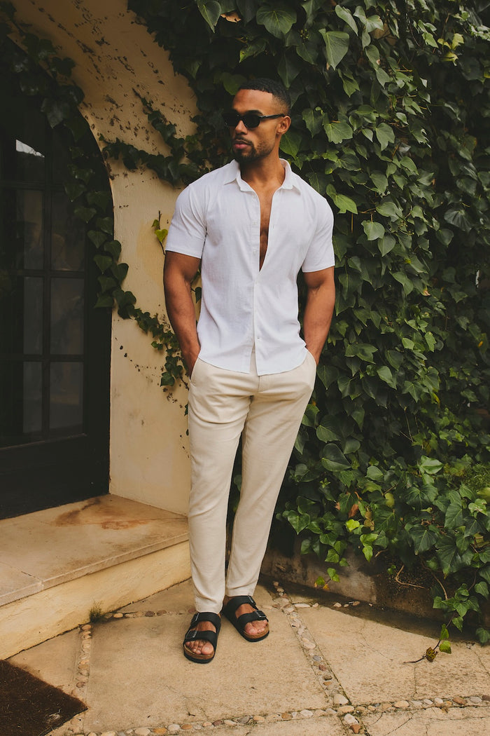 Stretch Linen Blend Button Through Shirt in White - TAILORED ATHLETE - USA