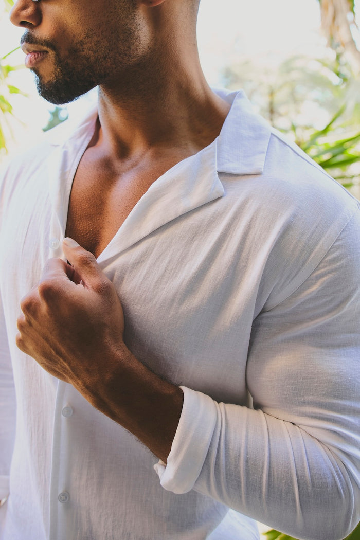 Stretch Linen Blend Cuban Collar Shirt in White - TAILORED ATHLETE - USA