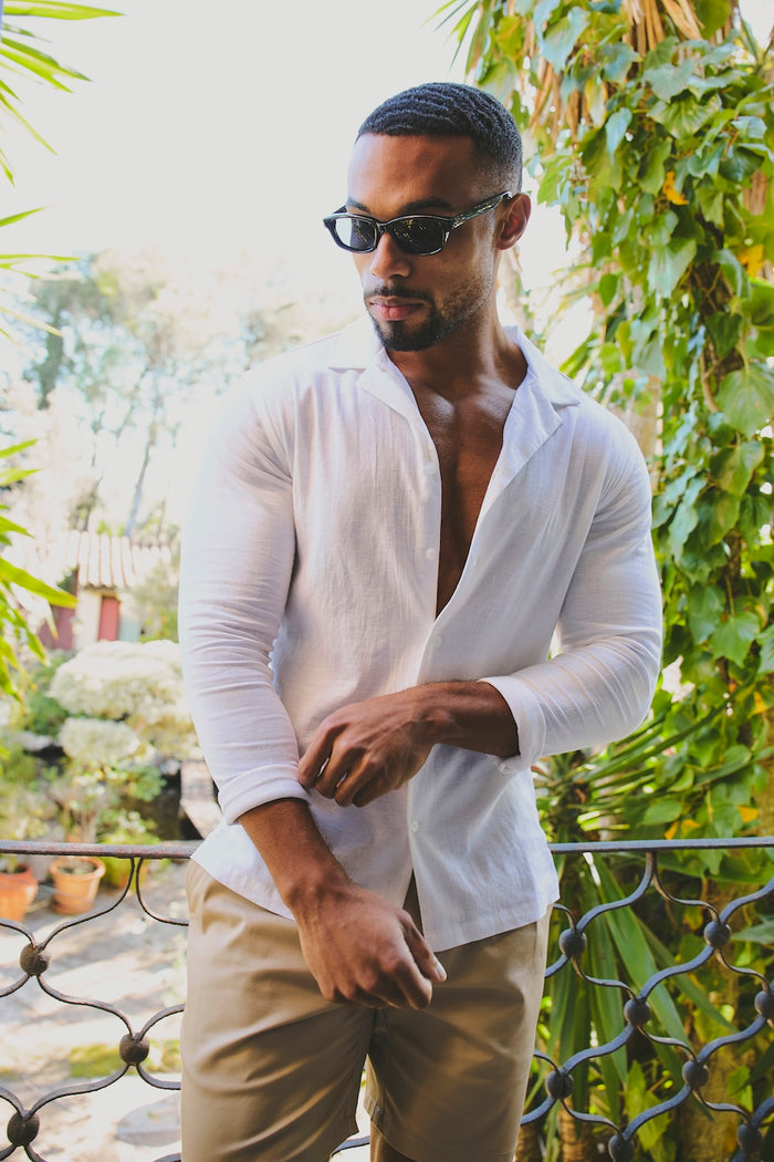 Stretch Linen Blend Cuban Collar Shirt in White - TAILORED ATHLETE - USA