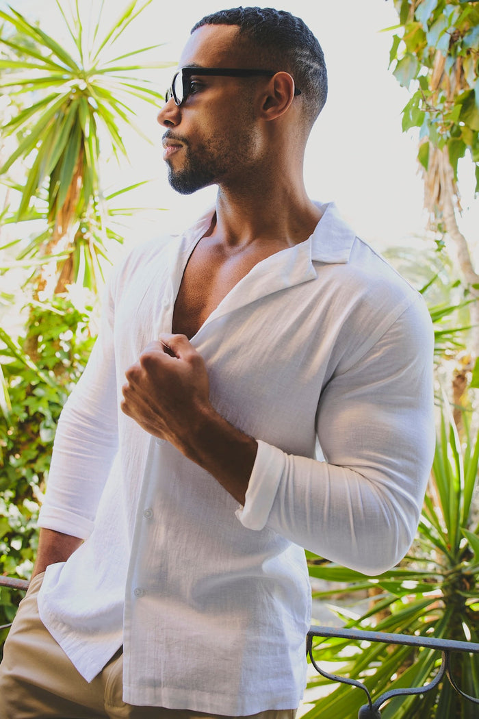 Stretch Linen Blend Cuban Collar Shirt in White - TAILORED ATHLETE - USA