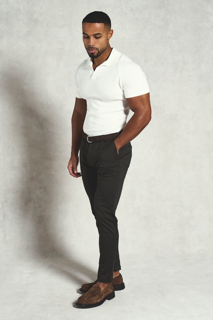 Textured Knitted Open Collar Polo Shirt in Off White - TAILORED ATHLETE - USA