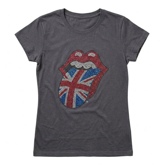 THE ROLLING STONES - CLASSIC UK TONGUE - Ladies T-Shirt Grey (Embellished)