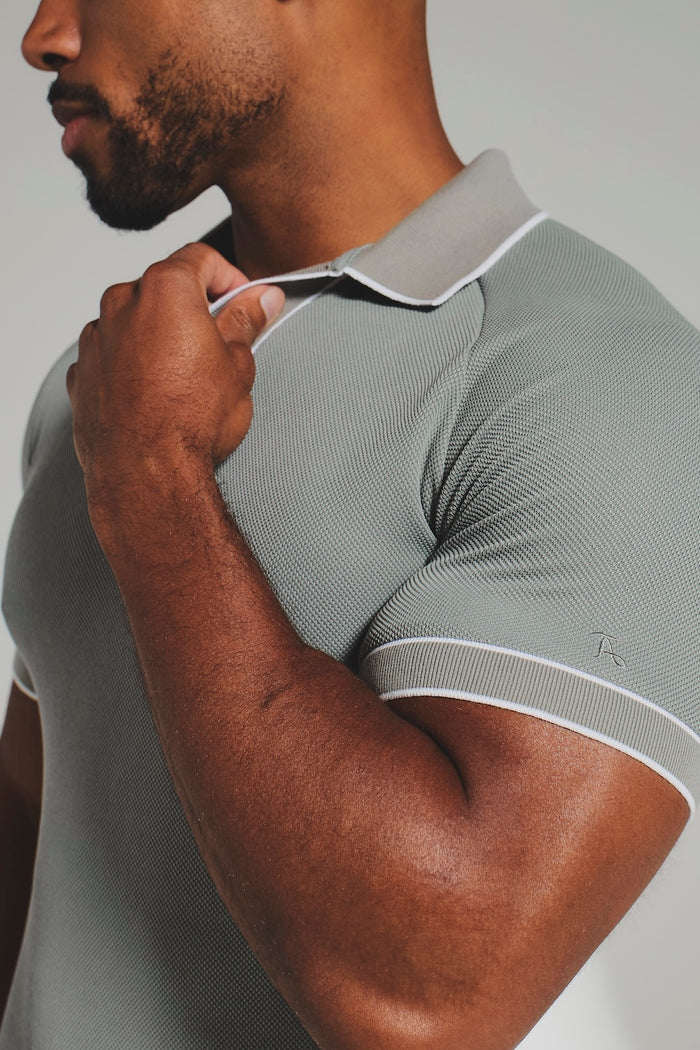 Tipped Textured Open Collar Polo Shirt in Sage and White Tipping