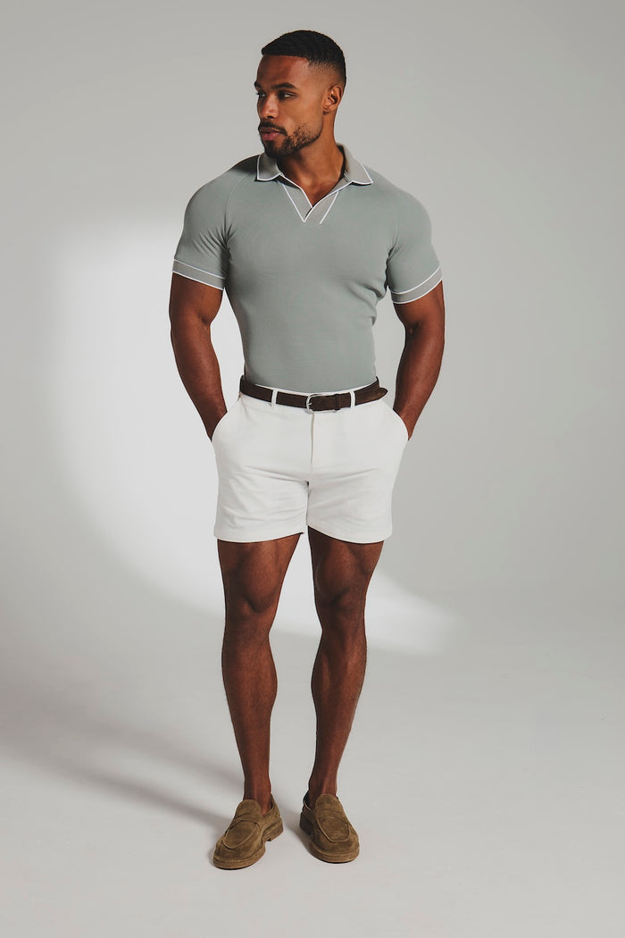 Tipped Textured Open Collar Polo Shirt in Sage and White Tipping
