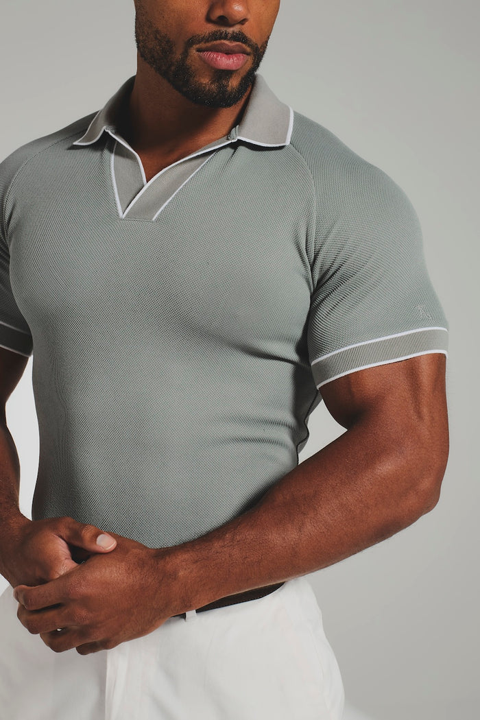 Tipped Textured Open Collar Polo Shirt in Sage and White Tipping