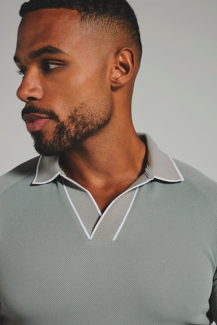 Tipped Textured Open Collar Polo Shirt in Sage and White Tipping