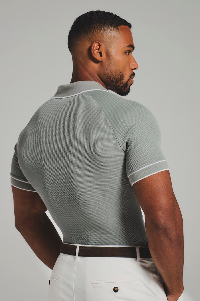 Tipped Textured Open Collar Polo Shirt in Sage and White Tipping