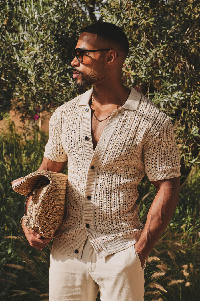 Vertical Stripe Crochet Knitted Shirt in Neutral